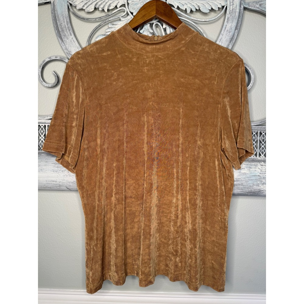 Nancy Bolen City Girl Vintage 90s Brown Ribbed Slinky Mock Neck Top Large EUC